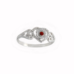 Sterling Silver Filigree Heart and Crystal Flower Ring, Red