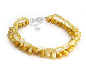 Pearls and Crystals Double Strand Sterling Silver 7.5" Extendable Bracelet Citrine