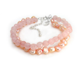 Pearls and Crystals Double Strand Sterling Silver 7.5" Extendable Bracelet,, Rose Quartz