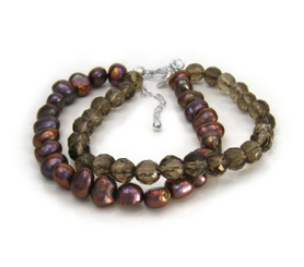 Pearls and Crystals Double Strand Sterling Silver 7.5" Extendable Bracelet Smoky