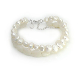 Pearls and Stones Double Strand Sterling Silver 7.5" Extendable Bracelet, White Jade