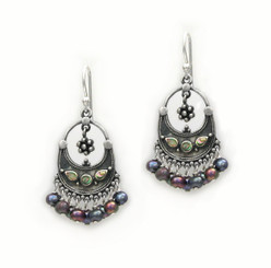 Sterling Silver "Ariadne" Shell Inlay Pearl Cluster Drop Earrings, Peacock