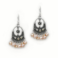Sterling Silver "Ariadne" Shell Inlay Pearl Cluster Drop Earrings, Pink Pearls