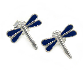 Sterling Silver Enamel Dragonfly Stud Post Earrings, Navy Blue