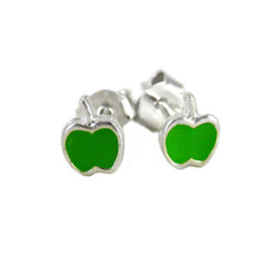 Enameled Apple Sterling Silver Stud Post Earrings, Green