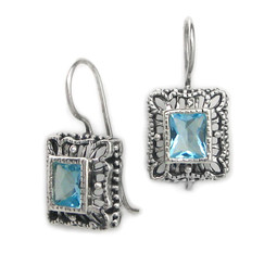 Sterling Silver Ornate Frame "Claudine" Crystal French Hook Earrings, Blue