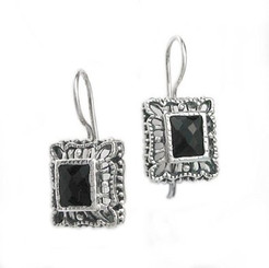 Sterling Silver Ornate Frame "Claudine" Crystal French Hook Earrings, Black