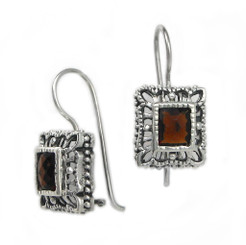 Sterling Silver Ornate Frame "Claudine" Crystal French Hook Earrings, Dark Red