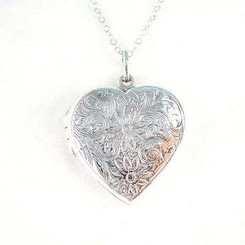 Sterling Silver Floral Pattern Large Heart Locket Necklace
