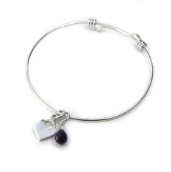 Sterling Silver Heart and Gemstone Charm Adjustable Bangle Bracelet, Amethyst...