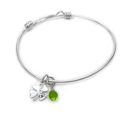 Sterling Silver Four Leaf Clover and Crystal Charm Adjustable Bangle Bracelet...