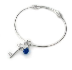 Sterling Silver Antique Key & Crystal Charm Adjustable Bangle Bracelet, Blue