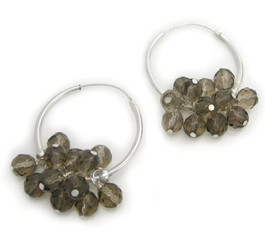Sterling Silver and Crystal Cluster 1" Hoop Earrings, Smoky