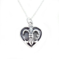 Sterling Silver Fleur-de-lis Heart Charm Necklace