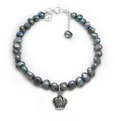 Sterling Silver Crown Charm Cultured Pearl Bracelet, Adjustable 7.5