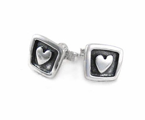 Sterling Silver Heart in Square Frame Post Earrings