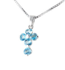 Sterling Silver Cross Birth Crystal Hearts Necklace, March Aqua Blue