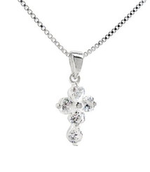 Sterling Silver Cross Birth Crystal Hearts Necklace, April Clear