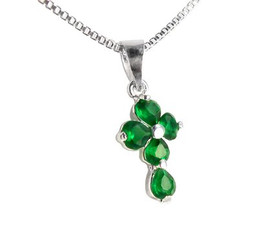 Sterling Silver Cross Birth Crystal Hearts Necklace, May Green
