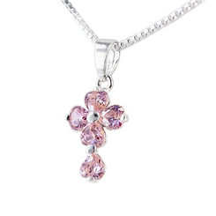 Sterling Silver Cross Birth Crystal Hearts Necklace, October Pink