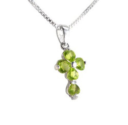 Sterling Silver Cross Birth Crystal Hearts Necklace, August Spring Green