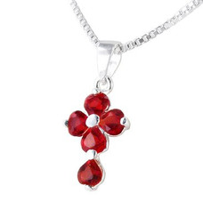 Sterling Silver Cross Birth Crystal Hearts Necklace, July Red