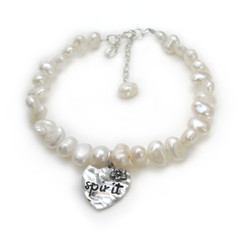 Sterling Silver "Spirit" Heart Charm Pearl Bracelet, Adjustable 7.5"