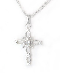 Sterling Silver Ichthus Fish Cross and Birth Crystal Necklace, April Clear