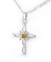 Sterling Silver Ichthus Fish Cross and Crystal Necklace, November Yellow