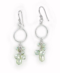 Sterling Silver Hand-wired Loop and Pearl Cluster Drop Earrings, Aqua