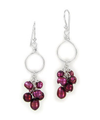 Sterling Silver Hand-wired Loop and Pearl Cluster Drop Earrings, Fuschia
