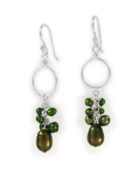 Sterling Silver Hand-wired Loop and Pearl Cluster Drop Earrings, Green