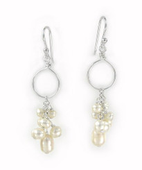 Sterling Silver Hand-wired Loop and Pearl Cluster Drop Earrings, White
