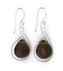 Sterling Silver Wire-wrapped Crystal Teardrop Earrings, Smoky