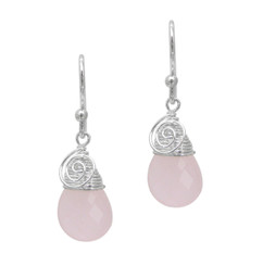 Briolette Stone Drop Coil and Spiral Wrapped Sterling Silver Earrings, Rose Pink