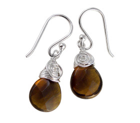 Briolette Stone Drop Coil and Spiral Wrapped Sterling Silver Earrings, Smoky