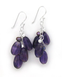 Sterling Silver Gemstones Cluster on Chain Drop Earrings, Amethyst