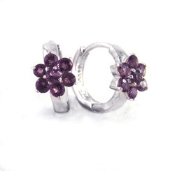 Sterling Silver Flower Crystal Huggie Hoop Earrings, Purple
