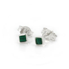 Sterling Silver Everyday Stone Inlay Square Stud Post Earrings, Malachite 2mm