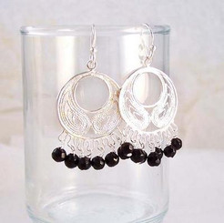Bohemian Sterling Silver and Stone Earrings, Onyx