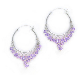 Sterling Silver Hoop Sparkling Crystals Wire Wrapped Cluster Earrings, Lavender