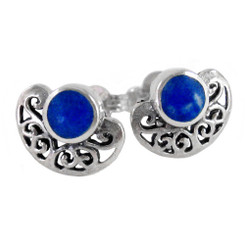 Sterling Silver Stone and Fancy Fan Stud Post Earrings, Lapis