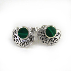 Sterling Silver Stone and Fancy Fan Stud Post Earrings, Malachite