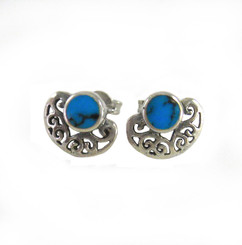 Sterling Silver Stone and Fancy Fan Stud Post Earrings, Turquoise