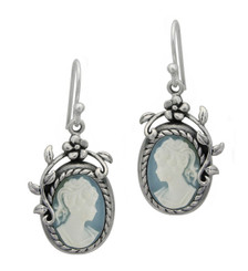 Flower Vine Cameo Earrings, Blue