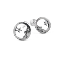 Sterling Silver Moon Face and Star Post Earrings