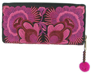 Floral Embroidery Zip Around Wallet, Pink
