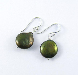 Sterling Silver Cultured Coin Pearl Drop Earrings, Olive
