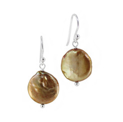 Sterling Silver Cultured Coin Pearl Drop Earrings, Golden