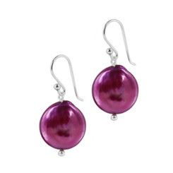 Sterling Silver Cultured Coin Pearl Drop Earrings, Fucshia